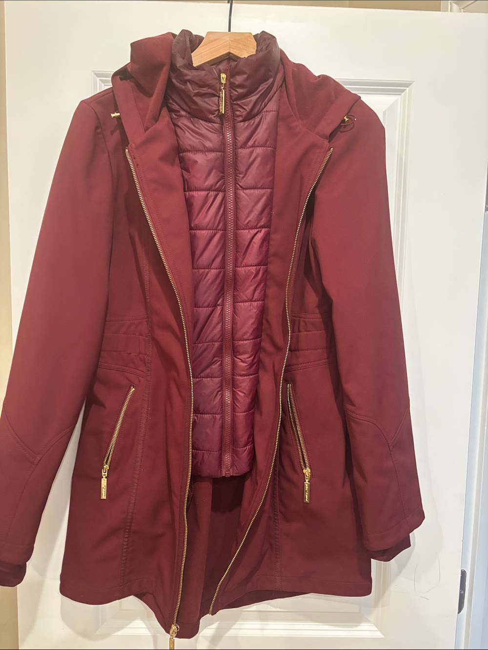 Betsey Johnson Burgundy Hooded Trench with Quilted Inner Vest